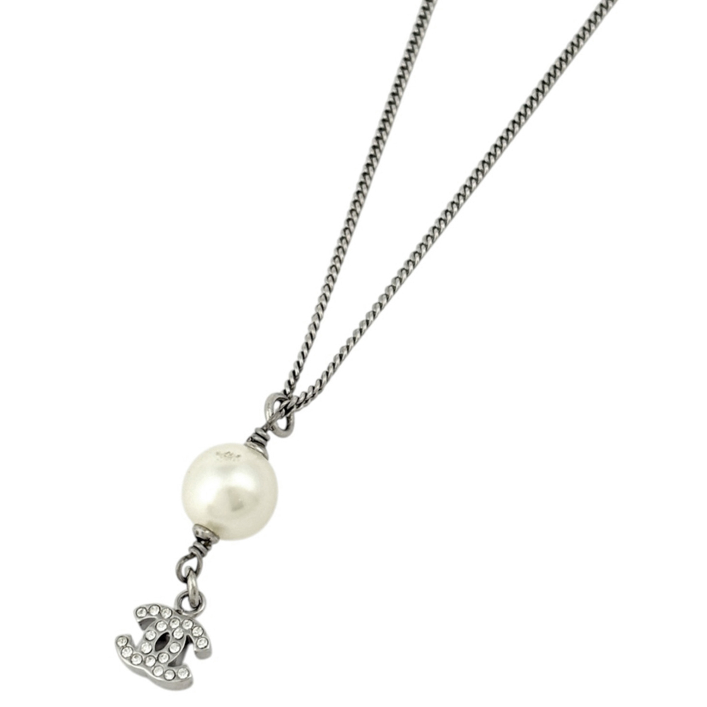 Chanel necklace with Coco Mark, faux pearl, silver plated, rhinestones, silve...